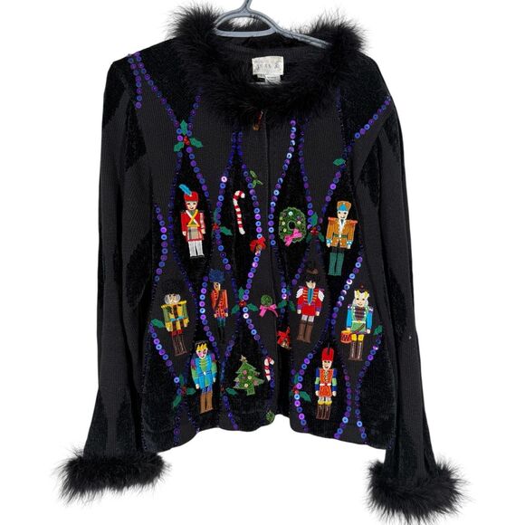 Vintage Just B Nutcracker Christmas Cardigan Sweater Sz L Beaded Bells Holiday - Picture 1 of 10